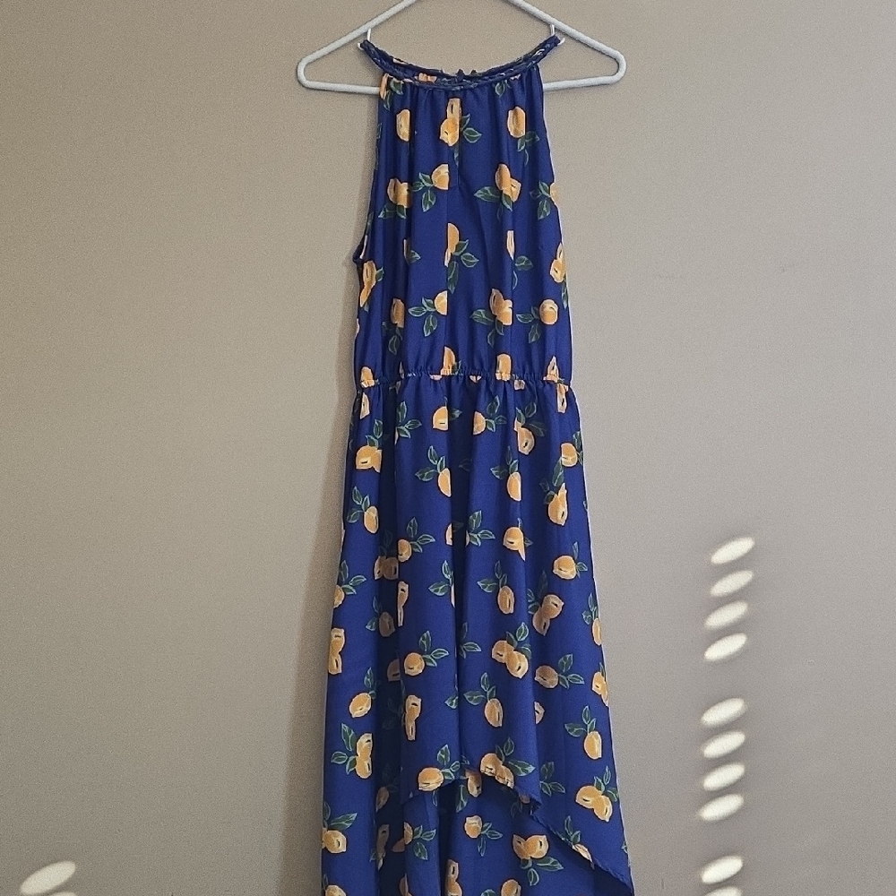 Blue Dress with Orange Fruit Print